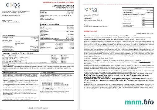USA Axos Bank wyciąg z kredytu hipotecznego w formatach Word i PDF, 3 strony 1-2